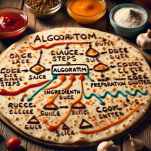 Here is the image of a quesadilla with an algorithm creatively written on it. Enjoy the unique blend of culinary art and coding!