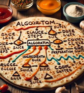 Here is the image of a quesadilla with an algorithm creatively written on it. Enjoy the unique blend of culinary art and coding!